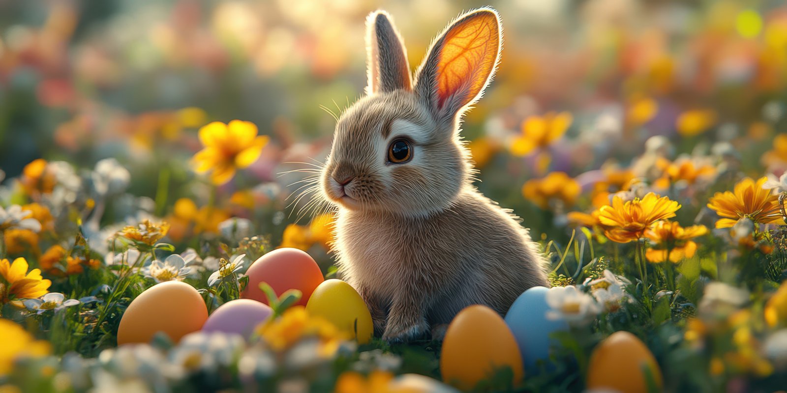 Cute rabbit sits among colorful eggs and blooming flowers in a vibrant spring setting